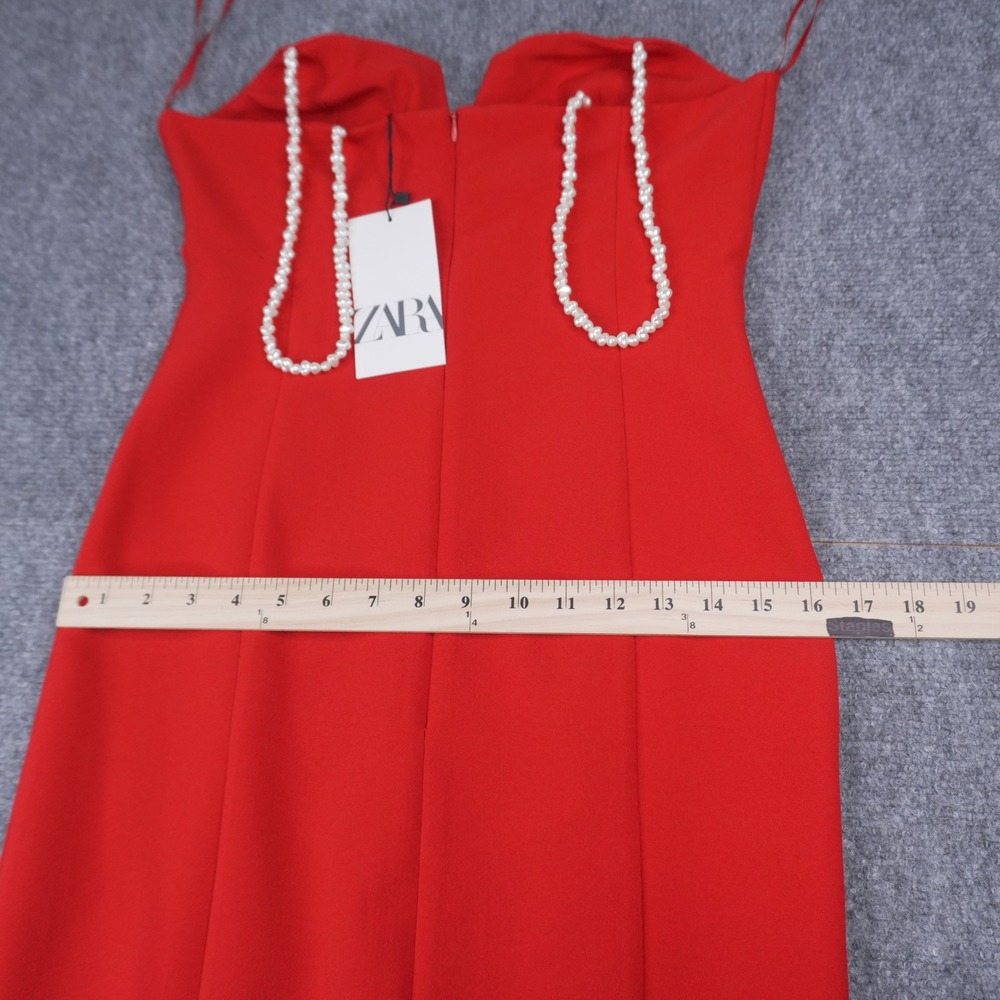Zara Pearl Strap Midi Dress Womens S Red Sweetheart Slit Bodycon 1165/076/600